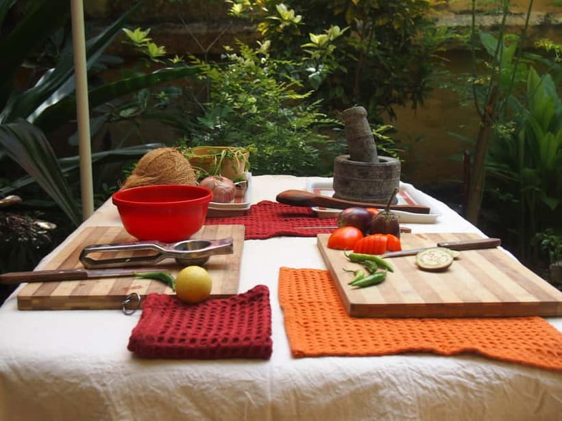 Pondicherry: Indian Cooking Class with Market Visit - Sharing the meal in the garden