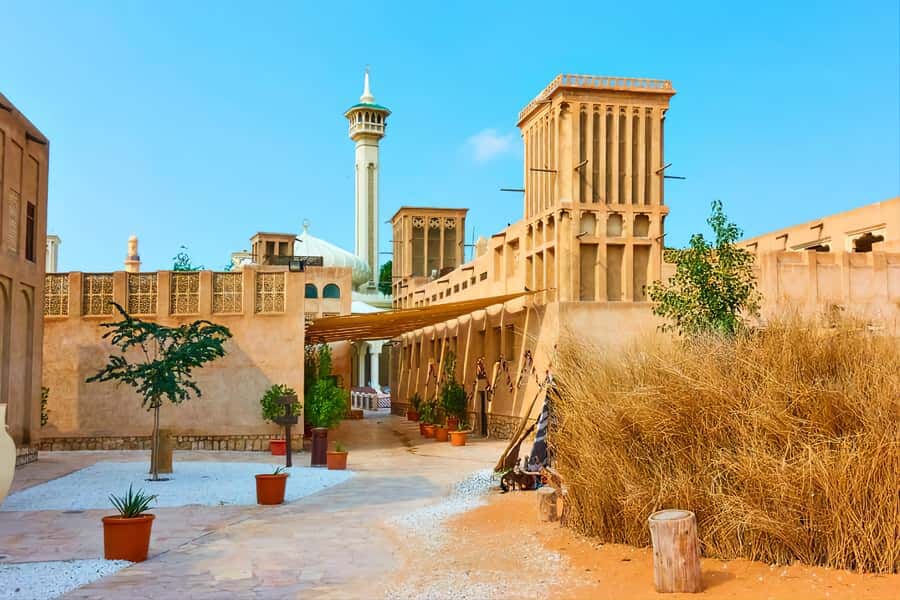 walking tour in old dubai, souks, abra boat, old town - Al Fahidi: wind towers, courtyards, and old walls